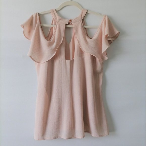 Candie's Womens Light Pink Cold Shoulder Ruffle Halter Blouse Top Size L - Picture 4 of 8